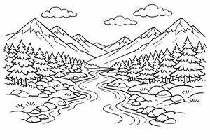 Um desenho para colorir de uma paisagem de montanha serena com um rio curvo ladeado por rochas lisas e florestas densas. Picos altos e nevados erguem-se ao fundo sob três nuvens fofas.
