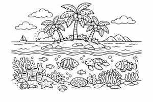 Un disegno a linee in bianco e nero che mostra un'isola tropicale con palme e un tramonto. Sotto il livello del mare, una tartaruga marina e un pesce pagliaccio nuotano tra coralli, anemoni e una stella marina.