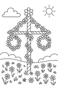 Eine Strichzeichnung eines traditionellen schwedischen Maibaums, der mit Blumen und zwei Kränzen verziert ist. Er steht auf einer Sommerwiese voller Gänseblümchen vor einem Hintergrund mit Sonne und Wolke.