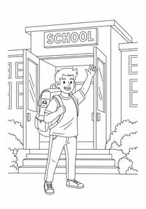 Přátelský student s velkým batohem mává jednou rukou před otevřeným vchodem do školy. Budova má nad dvojitými dveřmi nápis SCHOOL a schody lemují malé keře.