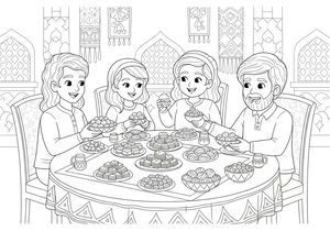 Ein Vater und drei Kinder sitzen an einem runden Tisch, der mit Tellern voller traditioneller Süßigkeiten, Gebäck und Datteln gedeckt ist. Dekorative Banner mit geometrischen Mustern hängen an der Wand im Hintergrund. Die Familie lächelt während der Eid-Feier.