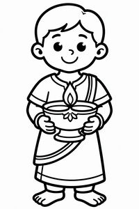 Un semplice disegno in bianco e nero di un ragazzino sorridente che regge con entrambe le mani una grande lampada a olio diya decorativa. Indossa abiti tradizionali indiani e una piccola fiamma brilla al centro della lampada.