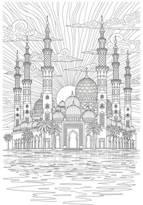 Bardzo szczegółowy rysunek konturowy majestatycznego meczetu z wieloma wysokimi minaretami i wzorzystymi kopułami. Słońce zachodzi za budynkiem, a cała konstrukcja odbija się w spokojnej tafli wody.