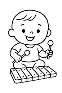 Um desenho de linha simples a preto e branco de uma criança sorridente sentada de pernas cruzadas a tocar xilofone com dois batentes redondos.