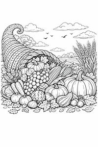 Un disegno da colorare dettagliato di una cornucopia intrecciata che rovescia un'abbondanza di zucche, uva, mais e grano. Lo sfondo presenta un paesaggio sereno con colline e alberi.
