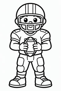 Um jogador de futebol americano em estilo cartoon com uniforme completo e capacete de proteção, segurando uma bola à frente do peito. Tem um sorriso amigável e linhas grossas.