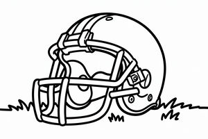 Um desenho linear simples a preto e branco de um capacete de futebol americano pousado na relva. O capacete tem uma proteção facial resistente e riscas verticais no topo, com contornos grossos ideais para crianças.
