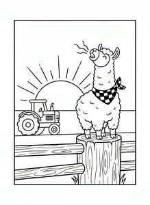 Huňatá lama s kostkovaným šátkem stojí na dřevěném sloupku od plotu. Za ní je na poli traktor a na obzoru vychází slunce s paprsky. Lama má otevřenou pusu, jako by za svítání volala na celou farmu.