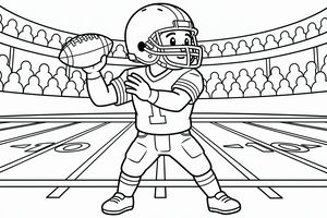 Desenho de contorno de um jogador de futebol americano com capacete e camisola a segurar uma bola num estádio. As linhas do campo e os espectadores nas bancadas são visíveis.