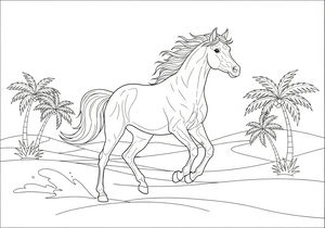 Desenho de contorno de um majestoso cavalo árabe a galopar por um cenário de deserto. O cavalo tem a crina ao vento e o fundo mostra dunas e palmeiras.