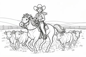 Uma jovem vaqueira com um chapéu de abas largas monta um cavalo a galope num campo poeirento. Está rodeada por várias vacas a correr. O fundo apresenta colinas suaves e uma cerca de madeira sob um céu limpo.