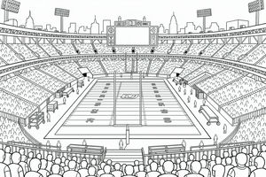 Un disegno a tratteggio dettagliato di uno stadio di football americano dalla prospettiva di uno spettatore. Il campo è segnato con numeri e linee, circondato da spalti circolari pieni di persone. Riflettori e il profilo della città si stagliano all'orizzonte.