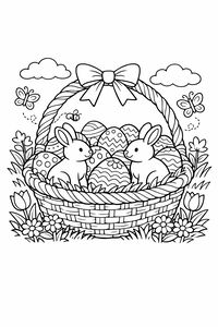 Um desenho de linha detalhado de uma grande cesta de Páscoa tecida com um laço no topo. No interior estão dois coelhinhos fofos e vários ovos com padrões de bolas e ziguezagues, rodeados por flores e borboletas.