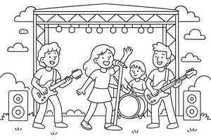 Quattro giovani musicisti si esibiscono su un palco all'aperto con due chitarristi, un cantante e un batterista. Il palco presenta fari in alto, grandi casse ai lati e nuvole sullo sfondo.