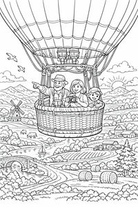 Um desenho para colorir detalhado de três pessoas num cesto de balão de ar quente a flutuar sobre uma paisagem pitoresca. Por baixo deles encontram-se fardos de palha, uma ponte de pedra sobre um rio, um moinho de vento e montanhas distantes sob o sol nascente.