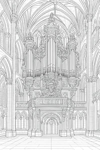 Um desenho linear detalhado de um enorme órgão de tubos dentro de uma catedral gótica. A cena inclui pilares de pedra altos, arcos quebrados e um teto abobadado que rodeia o instrumento ornamentado.