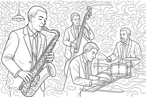 Quattro musicisti jazz che suonano in un club fumoso - sassofonista in primo piano, pianista al pianoforte, contrabbassista e batterista alla batteria, con pattern di fumo turbinoso sullo sfondo