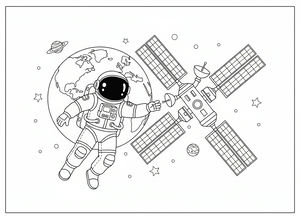 Strichzeichnung eines Astronauten im Raumanzug, der im Weltall neben einem Satelliten mit Solarpanelen schwebt, mit der Erde, die Kontinente zeigt, und kleinen Sternen ringsum verteilt