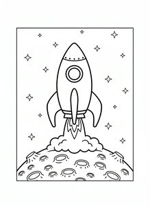 Eine Zeichentrickrakete mit rundem Bullauge und drei Flossen startet von der Mondoberfläche. Abgasflammen und Rauchwolken quellen hinter ihr hervor, während sie durch den Sternenhimmel fliegt. Die Mondoberfläche ist mit detaillierten Kratern bedeckt.
