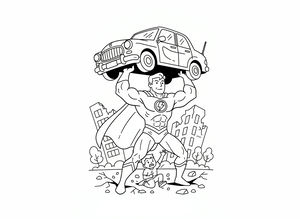 Ein muskulöser Superheld mit einem Blitz-Emblem hebt ein klassisches Auto über seinen Kopf. Ein Kind sitzt sicher auf dem Boden unter ihm. Ruinierte Gebäude und kleine Bäume sind im Hintergrund dieser klaren Linienzeichnung zu sehen.