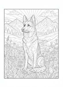Un disegno a tratteggio dettagliato di un pastore tedesco seduto in un campo di fiori selvatici. Dietro il cane, un piccolo fiume si snoda in una valle verso alte montagne.