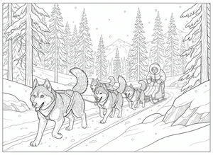 Detailní omalovánka s psím spřežením huskyů běžících zimním lesem. Scéna ukazuje čtyři psy v postrojích táhnoucí dřevěné sáně s jezdcem, obklopené zasněženými stromy a horami.