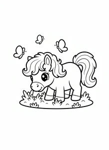 Um pónei doce com olhos grandes e crina encaracolada está num pequeno canteiro de erva. Três pequenas borboletas voam no ar sobre o pónei. A ilustração usa contornos pretos grossos num fundo branco.