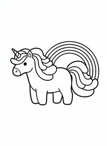 Eine einfache schwarz-weiße Strichzeichnung eines pummeligen Einhorns mit welliger Mähne und Schweif. Ein mehrschichtiger Regenbogen wölbt sich hinter dem Rücken des Einhorns auf weißem Hintergrund.