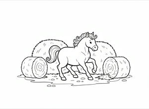 Un semplice disegno a linee di un giovane puledro con criniera e coda ricce che saltella tra due grandi balle di fieno tonde in una fattoria. Il puledro ha una zampa anteriore sollevata.