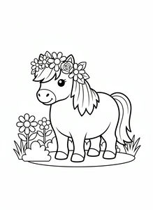 Un tierno poni Shetland de contextura robusta está de pie en un jardín con una corona de flores en la cabeza. Junto al poni hay varias margaritas grandes y pequeños arbustos. La ilustración tiene contornos negros gruesos y limpios sobre un fondo blanco.