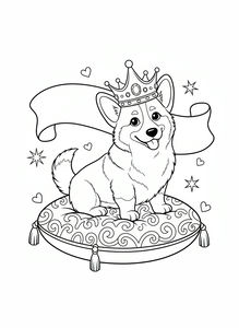 ŠťAstný corgi s drahokamy zdobenou korunkou sedí na kulatém dekorativním polštáři s ozdobnými motivy. Pes má vyplazený jazyk a je obklopen srdíčky, hvězdami a dlouhou stuhou.