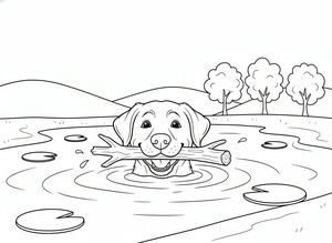 Un simpatico labrador retriever nuota in uno stagno calmo con un bastone di legno tra i denti. Cerchi d'acqua circondano il cane, con ninfee e alberi visibili sulla riva lontana.