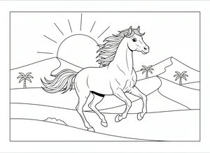 Um desenho em linhas pretas e brancas de um gracioso cavalo árabe a galopar sobre dunas de areia. Ao fundo, um sol grande põe-se atrás de colinas e palmeiras.