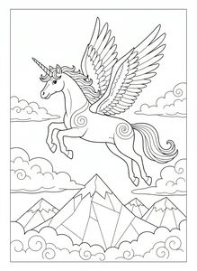 Disegno da colorare di un unicorno con ali piumate che vola sopra vette montuose tra nuvole decorative, con corno a spirale.