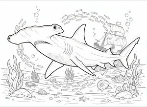 Szczegółowy rysunek liniowy rekina młota płynącego nad dnem oceanu. Zatopiony żaglowiec spoczywa w tle, otoczony ławicami ryb, ukwiałami i rozgwiazdą na piasku.