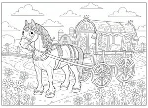 Um forte cavalo Clydesdale com pelos nas patas e crina entrançada puxa uma carruagem decorada ao longo de um caminho. A carruagem está adornada com estrelas, espirais e sinos. O fundo mostra uma cena de campo pacífica com nuvens e um celeiro sob um céu ensolarado.