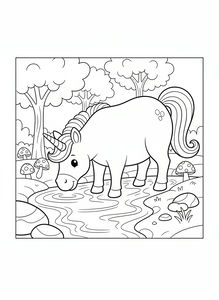 Un amichevole unicorno con criniera e coda ricce beve da un ruscello limpido nel bosco. La scena presenta alberi frondosi, rocce tondeggianti e funghi a pois nell'erba.