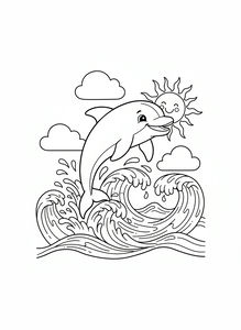 Uśmiechnięty rysunkowy delfin z gracją wyskakuje z morskich fal. W tle przyjazne słońce z twarzą świeci jasno pośród trzech puszystych chmur. Woda rozpryskuje się wokół ogona skaczącego delfina.