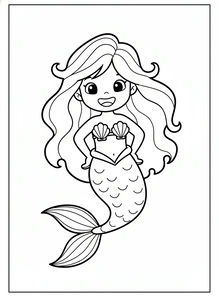 Un semplice disegno a linee di una sirena sorridente con capelli lunghi e voluminosi e un bikini di conchiglie. Ha una coda ricurva con squame visibili.