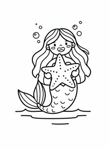 Uma sereia amigável com cabelo comprido e cauda com escamas segura uma estrela-do-mar com pintas. Pequenas bolhas flutuam sobre a sua cabeça. O traço é grosso e simples, ideal para crianças pequenas.