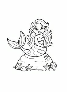 Um desenho de contorno a preto e branco de uma sereia feliz com cabelos longos e cauda escamosa pousada numa rocha grande. Várias estrelas-do-mar e conchas decoram a base da rocha.