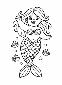 Dessin au trait en noir et blanc d'une sirène heureuse avec des cheveux flottants et un haut en coquillages saluant de la main. Trois petits poissons ronds aux grands yeux nagent à proximité entourés de bulles.