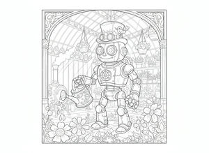 Přátelský steampunkový robot s cylindrem a brýlemi stojí ve viktoriánském skleníku a drží ozdobnou konev. Je obklopen květinami, policemi s rostlinami a klenutými okny, zatímco mu na klobouku sedí malý ptáček.