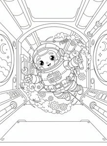 Roztomilý robot astronaut v mohutném skafandru se vznáší v futuristické chodbě. Drží klíč a šroubovák, zatímco kolem něj poletují mechanické součástky. Dvěma okny jsou v pozadí vidět hvězdy a srpek měsíce.