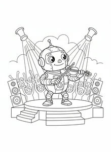Přátelský robot s kulatou hlavou a článkovaným tělem hraje na housle na vyvýšeném pódiu se schůdky. Dva velké reflektory ozařují umělce obklopeného reproduktory a jásajícím davem s rukama nahoře.