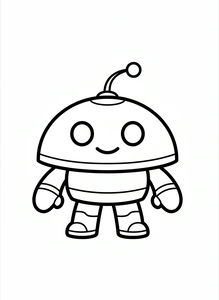 Roztomilý kulatý robot s velkýma očima, malým úsměvem a anténou s kulatou špičkou. Robot má segmentované tělo se silnými oválnými pažemi a zaoblenými chodidly, zobrazený jako jasná linková kresba na bílém pozadí.