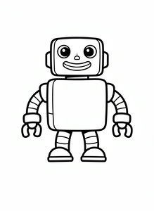Přátelský robot stojí uprostřed na bílém pozadí. Má velké kulaté oči, šťastný úsměv a článkované paže zakončené jednoduchými klepety. Design využívá silné obrysy a jednoduché geometrické tvary ideální pro malé děti.