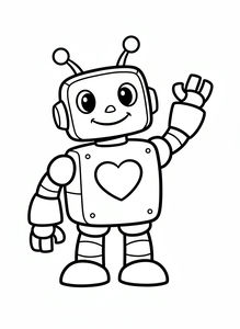 Přátelský robot stojí, usmívá se a mává rukou. Má velké srdce na své čtvercové hrudi, dvě antény zakončené kuličkou a velké výrazné oči. Kresba má silné černé čáry a dostatek prostoru pro barvy.
