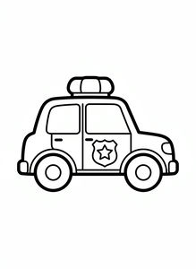 Prosty czarno-biały rysunek liniowy radiowozu z masywnymi oponami. Samochód posiada wyraźną odznakę z gwiazdą na bocznych drzwiach i pojedynczą dużą syrenę na górze. Kontury są grube i łatwe do pokolorowania dla początkujących.