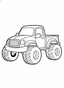 Czarno-biały rysunek liniowy monster trucka z ogromnymi oponami i solidną kabiną pickupa. Pojazd ma grube kontury, duże okrągłe reflektory i teksturowany bieżnik na kołach.